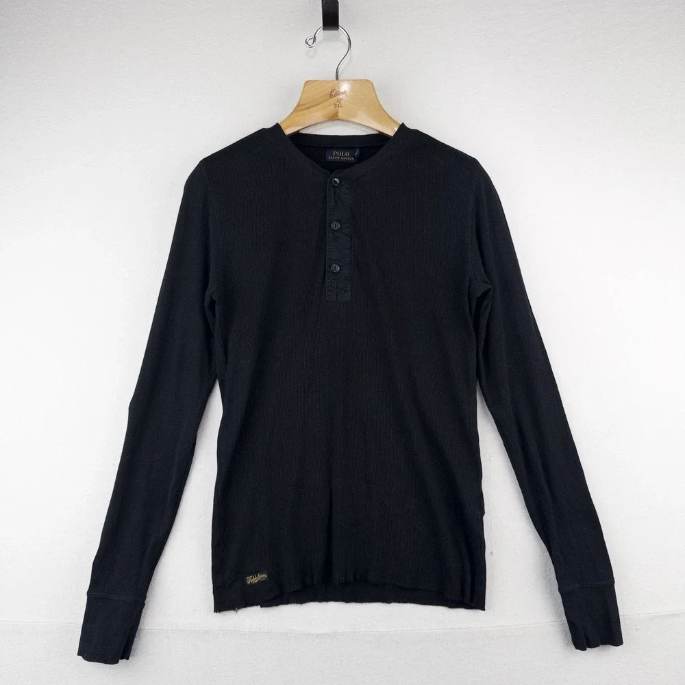 Polo Ralph Lauren Black Ribbed Lightweight Henley Shirt Men's L *Distressed